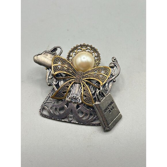 Vintage Assemblage Handmade Angel w Shopping Bag Pin Brooch Filigree Components - Picture 2 of 5